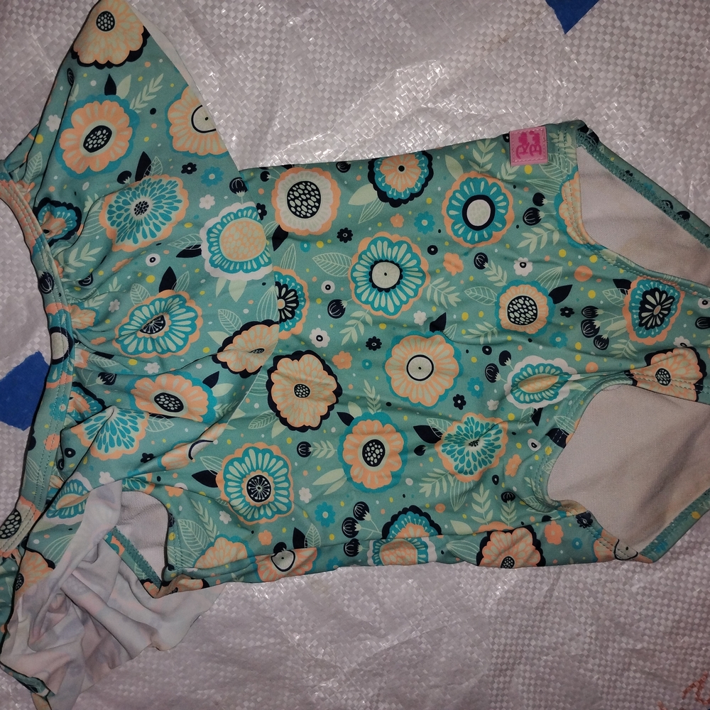 Ruffle Butts Floral Kids Swim One Piece - Teal and Cream